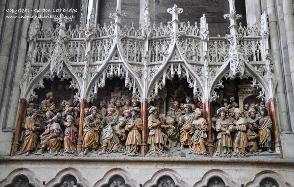 The intricate carvings on the facade of Amiens cathedral